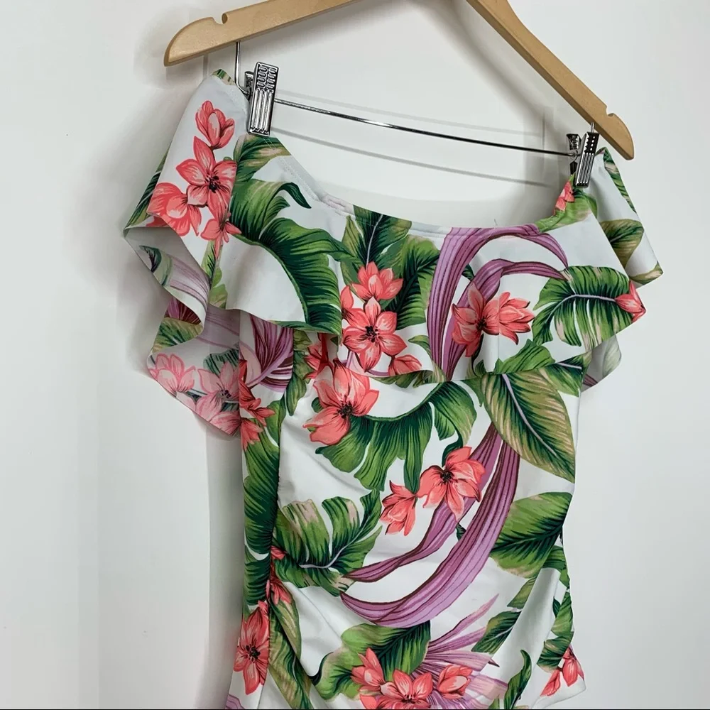Kona Sol Ruffle Off The Shoulder Tropical High Coverage One Piece Swimsuit